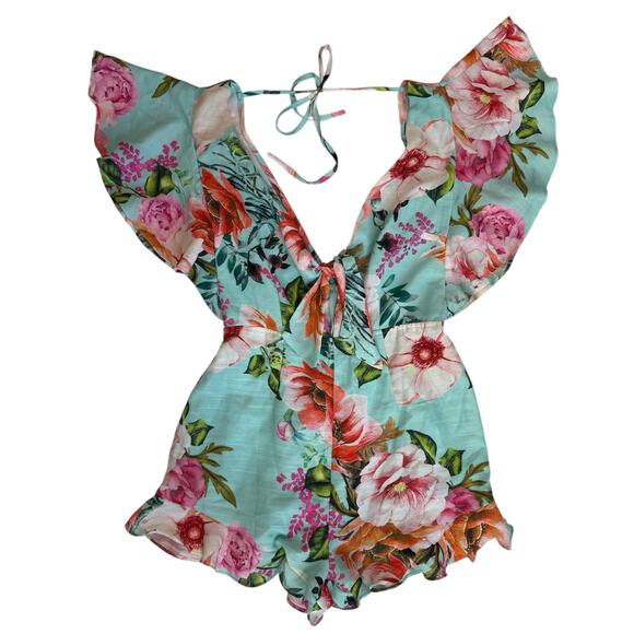 Tropical Floral Print Plunge Neck Romper Medium Flutter Ruffle Summer Resortwear - Picture 6 of 16